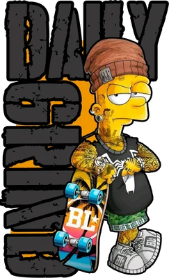 Hình vẽ Bart Simpson với phong cách hiphop, xăm trổ đầy mình, đội mũ beanie, cầm ván trượt.