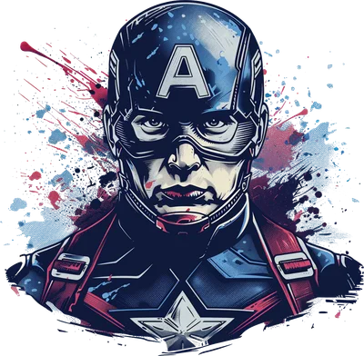 Hình ảnh Captain America với mũ chữ A và ngôi sao, phong cách vẽ splatter art màu xanh đỏ trên nền xám.