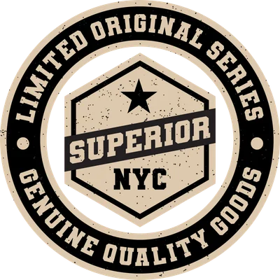 Logo tròn phong cách vintage với chữ Superior NYC, ngôi sao, và dòng chữ Limited Original Series, Genuine Quality Goods.