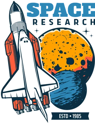 Hình minh họa tàu con thoi và tên lửa bay giữa các hành tinh, với chữ 'SPACE RESEARCH' và 'ESTD • 1985' theo phong cách retro.