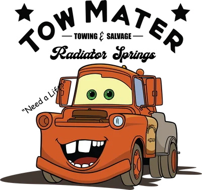 Hình vẽ xe tải Mater màu cam với nụ cười tươi, mắt xanh lá, có chữ 'TOW MATER' và 'Radiator Springs'