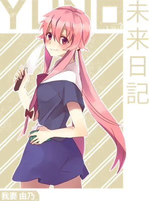 Hình ảnh Yuno Gasai, nhân vật anime tóc hồng cầm dao, mặc đồng phục học sinh.