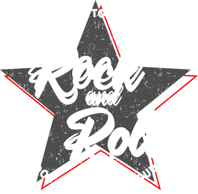 Hình in chữ 'Born to be a Rock and Roll Cool and Awesome Dude' màu trắng trên nền ngôi sao xám đậm viền đỏ, phong cách retro.
