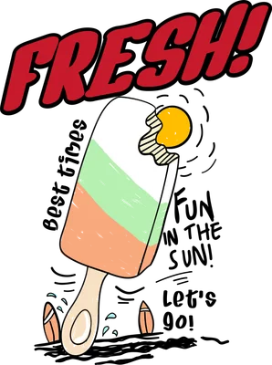 Hình minh họa kem que ba màu trắng, xanh, cam với mặt trời vàng, kèm chữ FRESH!, FUN IN THE SUN! và các ván lướt sóng nhỏ.