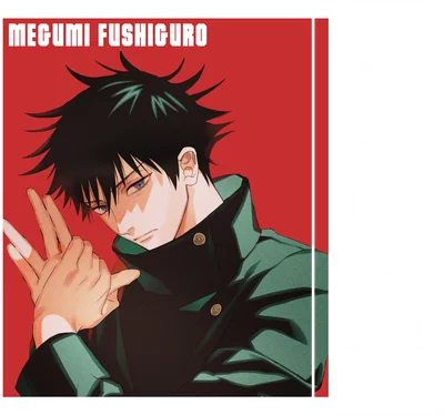 Hình ảnh Megumi Fushiguro từ anime Jujutsu Kaisen, tóc đen, mắt xanh, mặc áo khoác xanh lá, tạo dáng tay.