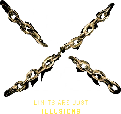 Hình ảnh dây xích vàng bắt chéo tạo chữ X trên nền chữ trắng 'NEVER SAY NEVER' và 'LIMITS ARE JUST ILLUSIONS' màu vàng. Nền xám.