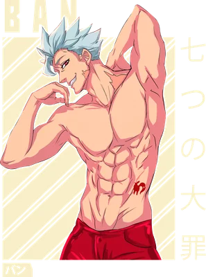 Hình vẽ nhân vật anime Ban với cơ bắp săn chắc, tóc bạc, mặc quần đỏ, có hình xăm con cáo trên sườn.
