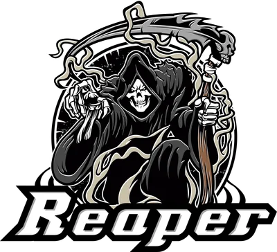 Hình minh họa Thần chết Grim Reaper áo choàng đen, tay cầm lưỡi hái xương sọ, phong cách mạnh mẽ, chữ Reaper