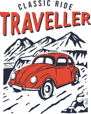 Hình minh họa xe Volkswagen Beetle màu cam đỏ đi trên đường núi, với chữ 'CLASSIC RIDE TRAVELLER'.