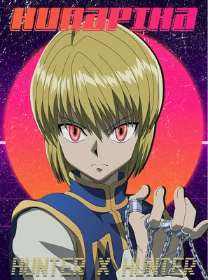 Hình ảnh Kurapika từ anime Hunter x Hunter với mái tóc vàng, mắt đỏ, mặc trang phục xanh dương và cầm xích.