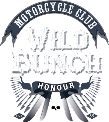Logo câu lạc bộ mô tô Wild Bunch với hình ảnh đầu lâu và dao găm phong cách vintage