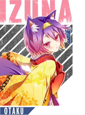 Hình ảnh Izuna Hatsuse, nhân vật anime với tai mèo và đuôi, mặc kimono vàng họa tiết hoa, tóc tím, mắt đỏ.