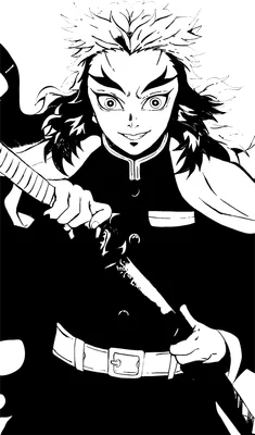 Hình ảnh Kyojuro Rengoku từ anime Demon Slayer, vẽ theo phong cách đen trắng, biểu cảm mạnh mẽ.