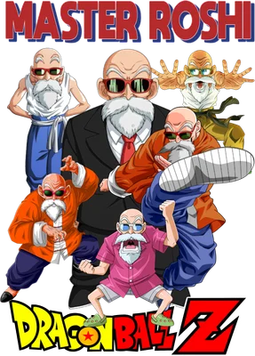 Hình ảnh Master Roshi từ Dragon Ball Z với nhiều trang phục và tư thế khác nhau, kèm logo Dragon Ball Z.