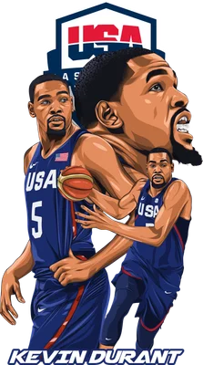 Hình ảnh hoạt hình Kevin Durant trong trang phục bóng rổ USA, cầm bóng, với nhiều góc nhìn khác nhau.