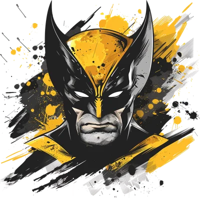 Hình ảnh cận cảnh khuôn mặt Wolverine trong trang phục vàng đen, với hiệu ứng vệt sơn và bắn màu grunge.
