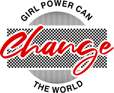 Thiết kế chữ 'Girl Power Can Change The World' với chữ 'Change' màu đỏ nổi bật trên nền caro đen trắng.