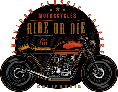 Hình minh họa xe mô tô cổ điển màu đỏ đen với chữ 'RIDE OR DIE' và 'AMERICAN CLASSIC MOTORCYCLES CULTURE CALIFORNIA ESTD 1991'.