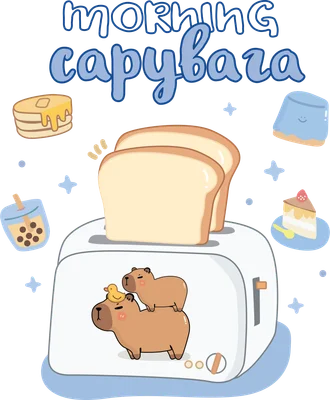 Hình minh họa capybara dễ thương bên máy nướng bánh mì, bánh pancake, trà sữa, bánh ngọt và chữ 'Morning Capybara' trên nền xám.