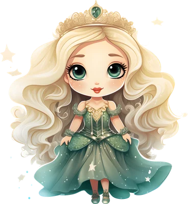 Hình ảnh công chúa chibi tóc vàng dài, mắt xanh to tròn, mặc váy xanh ngọc lấp lánh và đội vương miện vàng.