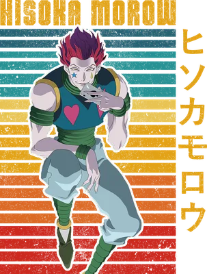 Hình ảnh Hisoka Morow từ anime Hunter x Hunter, mặc trang phục đặc trưng, đứng tạo dáng trên nền sọc ngang retro.