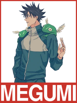 Hình vẽ anime Megumi Fushiguro với hai chú ếch có cánh trên vai, tay giơ lên.