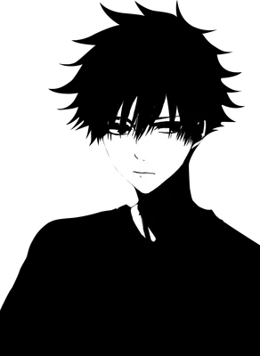 Hình ảnh chân dung chàng trai anime tóc đen, phong cách tối giản, nhìn nghiêng.