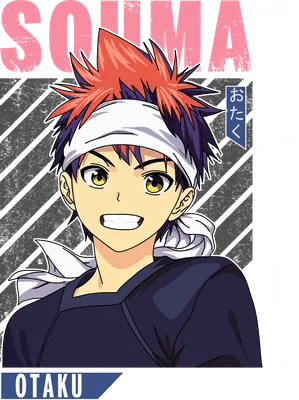 Hình ảnh nhân vật anime tóc đỏ, đeo băng đô trắng, mặc áo xanh navy, biểu cảm tươi cười.