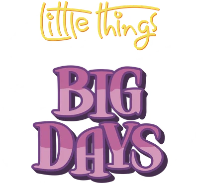Hình ảnh typography với câu nói 'little things make BIG DAYS' màu vàng, trắng và tím hồng trên nền xám.