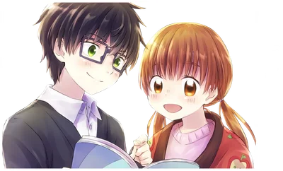 Hình ảnh hai nhân vật anime, một nam đeo kính và một nữ có tóc đuôi ngựa, cùng nhau đọc sách.