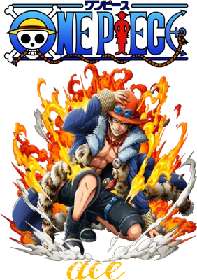 Nhân vật Portgas D. Ace trong One Piece bao quanh bởi lửa, đội mũ cam, mặc áo xanh có lông, quần đen.
