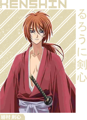 Hình ảnh Kenshin Himura, nhân vật anime với mái tóc đỏ, mặc áo kimono đỏ, cầm kiếm