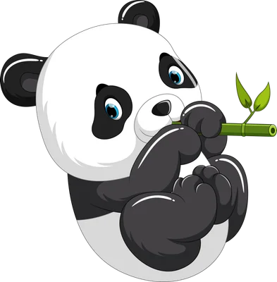 Hình ảnh hoạt hình gấu trúc trắng đen đang ngồi ăn một cành măng xanh tươi.