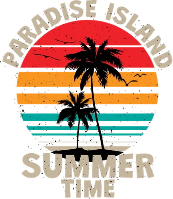 Hình ảnh minh họa bãi biển nhiệt đới với cây dừa, hoàng hôn và dòng chữ Summer Time.