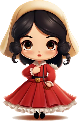 Hình ảnh cô gái chibi dễ thương với váy đỏ, mũ trùm đầu màu kem và mái tóc đen, đôi mắt to tròn.