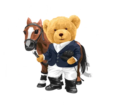Hình minh họa gấu Teddy mặc đồ cưỡi ngựa đứng cạnh chú ngựa nâu, với chữ 'ROYAL CLUB 1991 HORSE RIDE' trên nền xám.