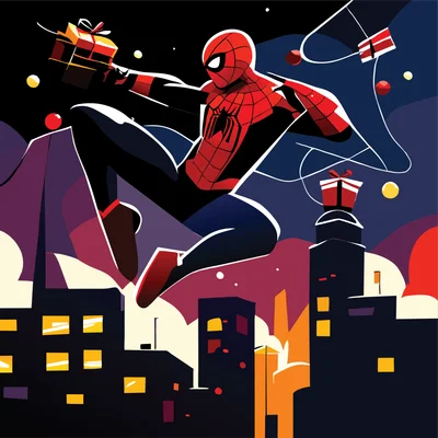 Hình ảnh Spider-Man đang nhảy trên thành phố với hộp quà Giáng Sinh, phong cách hoạt hình.
