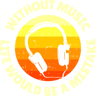 Hình minh họa tai nghe màu xám trên nền sọc hoàng hôn, bao quanh bởi chữ 'Without Music Life Would Be A Mistake' phong cách vintage.