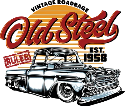 Hình ảnh xe bán tải cổ điển màu bạc, phong cách retro, với dòng chữ "Old Steel" và "EST. 1958"