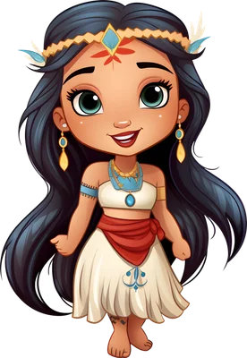 Hình ảnh cô gái chibi dễ thương, phong cách công chúa đảo với trang phục và phụ kiện thổ dân màu sắc, tóc đen dài, mắt xanh to, nụ cười tươi.