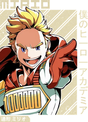 Hình ảnh Mirio Togata, nhân vật anime với mái tóc vàng, đang chỉ tay về phía trước, mặc trang phục anh hùng có số 1.000.000.