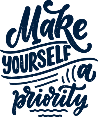 Hình ảnh chữ "Make yourself a priority" màu xanh navy trên nền xám, font chữ viết tay độc đáo.