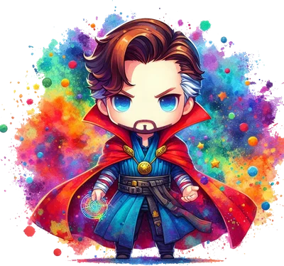 Hình ảnh Doctor Strange chibi với áo choàng đỏ, trang phục xanh, mắt xanh, và hiệu ứng màu nước rực rỡ.