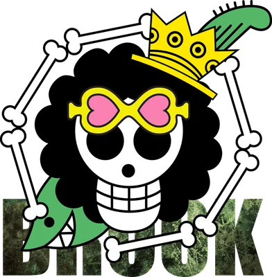 Biểu tượng Brook từ One Piece, hình đầu lâu đội vương miện vàng, đeo kính mắt hình trái tim màu vàng hồng, tóc đen xoăn, có xương chéo và đàn guitar xanh lá.