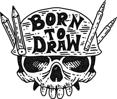 Hình minh họa đầu lâu đội mũ lính, có bút chì và bút vẽ, chữ 'Born To Draw' trên mũ, phong cách vẽ tay.