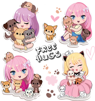 Hình ảnh minh họa cô gái chibi tóc tím và hồng ôm nhiều chú chó nhỏ dễ thương, có chữ 'FREE HUGS'