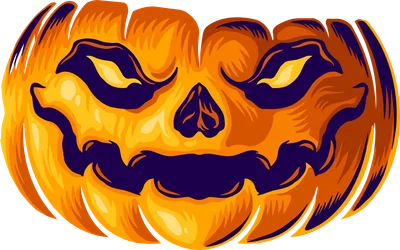 Hình minh họa bí ngô Halloween với khuôn mặt cười ma quái, mắt vàng và miệng răng nhọn, tông màu cam và tím.