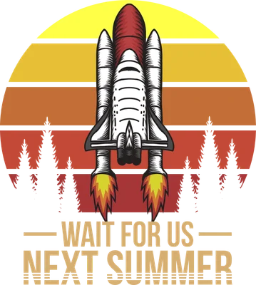 Hình ảnh tàu con thoi đang phóng lên bầu trời hoàng hôn với cây thông và dòng chữ 'Wait for us next summer'