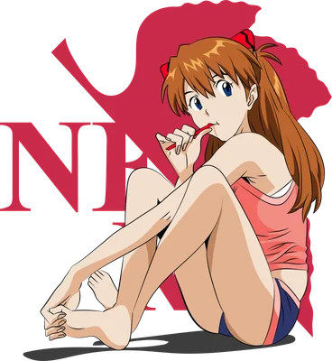 Nhân vật Asuka Langley Soryu từ Neon Genesis Evangelion ngồi, cầm bút chì màu đỏ, tóc nâu dài, mặc áo hồng và quần xanh.