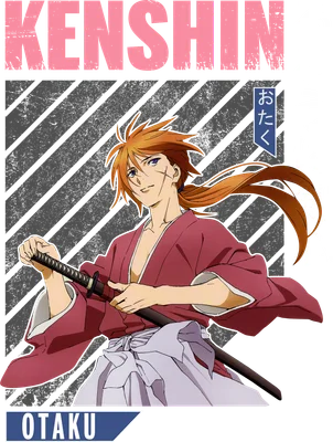 Hình ảnh Kenshin Himura, nhân vật anime với tóc cam, cầm kiếm, mặc kimono đỏ và trắng.